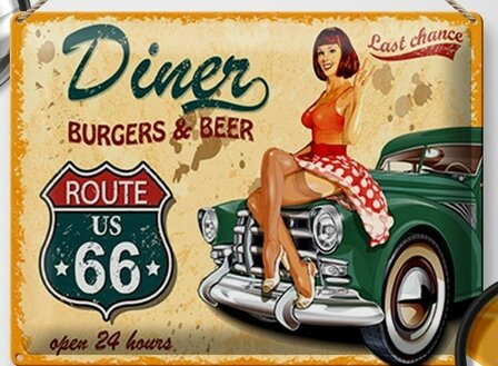 Metalen bord/sign Diner Route 66 20x30cm